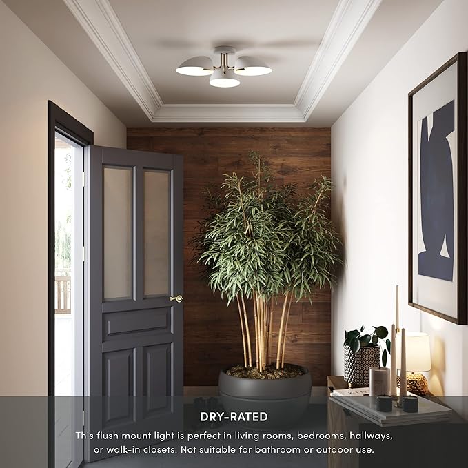 Nathan James Argo Semi Mount Flush Ceiling Light, 3-Lights Modern Retro Lighting with White Rounded Shades for Hallway, Dining Room and Bedroom, Brass Gold/White