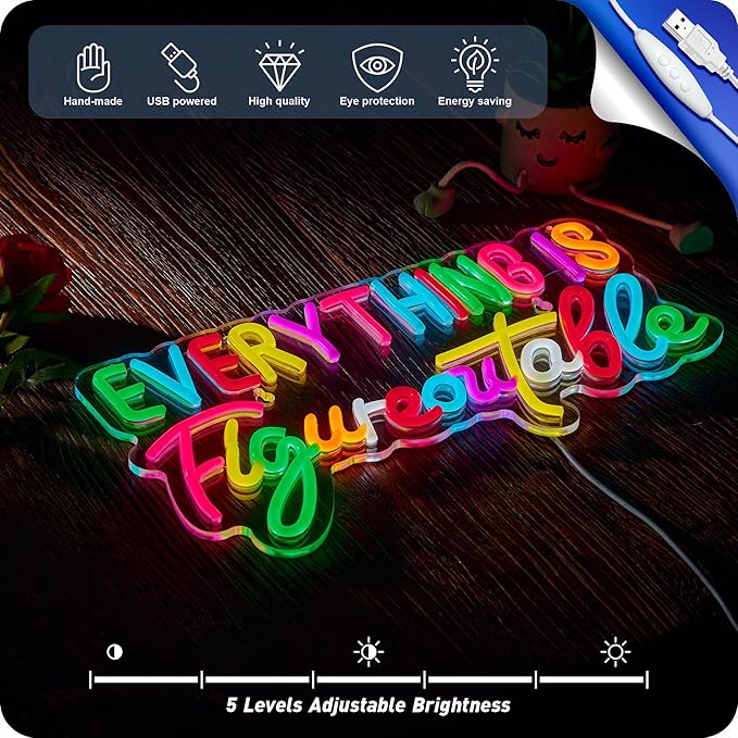 Everything Is Figureoutable Neon Sign, Positive Affirmation LED Light for Wall Decor Multicolored Light Up Signs for Classroom Kindergarten Wedding Party Store Home, Compatible with Timer