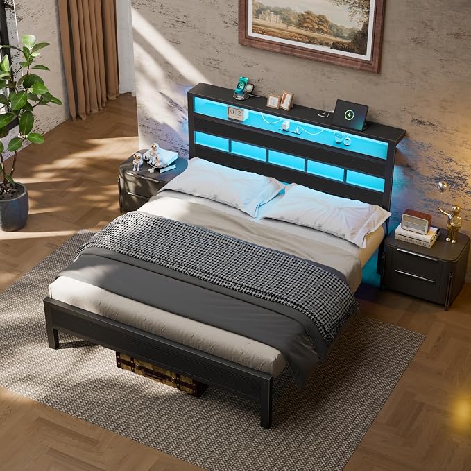 Queen Bed Frame with Storage Headboard and LED Lights, Black Oak | Heavy Duty Metal Slats Support, 2-Tier Wood Shelf, Charging Station:USB & Type-C Ports,Noise-Free,No Box Spring,Easy Assembly