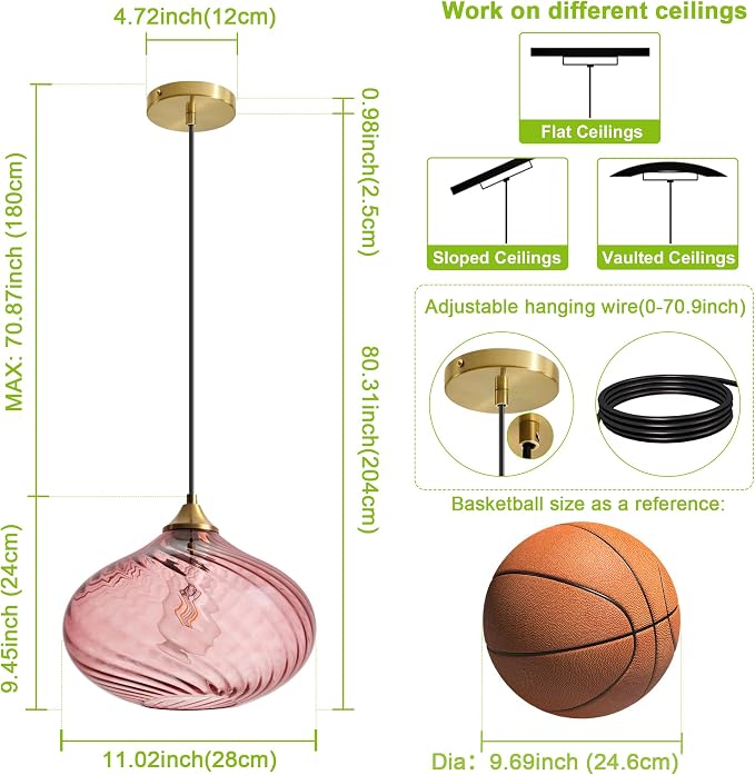 11in Gold Pendant Lights Kitchen Island with Purple Pink Glass Shade 1Pack | Handcrafted Glass Pendant Light Fixtures, UL Certified, E26 Base 100W Max, Height-Adjustable, Dimmable Hanging Pendant Light