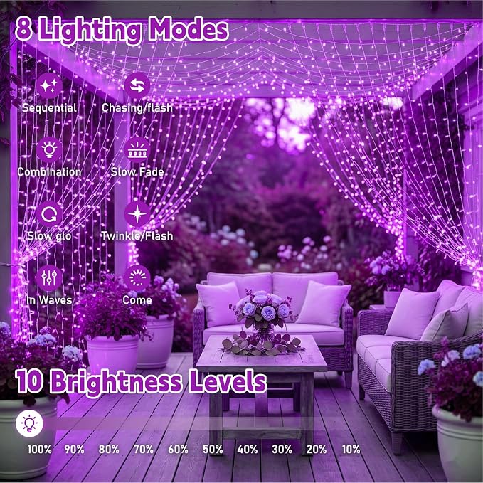 Curtain String Light, 200LED 6.6x6.6ft, Remote & 8 Modes, USB | Window Wall Hanging String Lights, For Bedroom, Wedding, Party, Home, Garden and Indoor Decorations, Purple