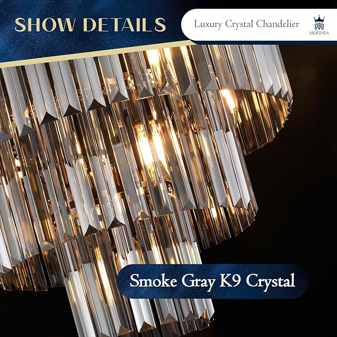 Smoke Gray Crystal Chandeliers Black Round 20" Chandelier Modern 3 Tiers 7-Light Ceiling Pendant Light Fixture Luxury K9 Crystal Lighting for Dining Room Bedroom Kitchen Foyer