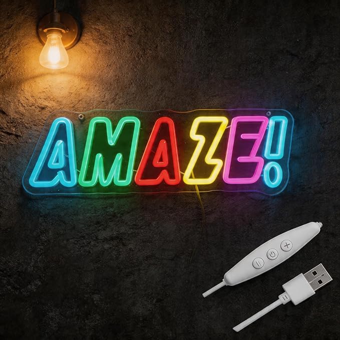 AMAZE! Neon Sign, Rainbow LED, Multi-Color, 16.5x5.4"IN | Classroom Neon Sign ,USB Powered, Gamer Room Decor, Sci-Fi Fan Decor, Wall Art
