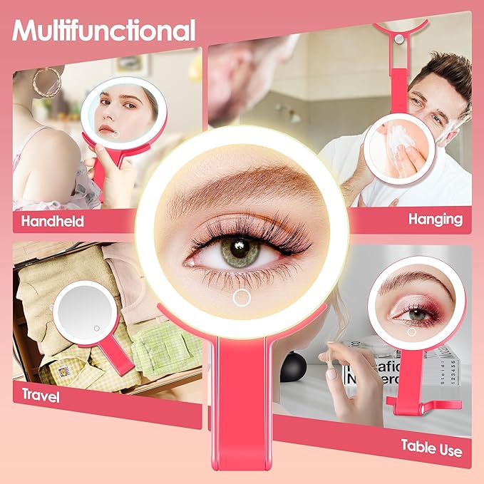 MIYADIVA Magnifying Mirror with Light, Double Sided 30X/1X Lighted Travel Makeup Mirror with Magnification, 3 Color Lighting, Dimmable Touch Screen, Adjustable & Foldable Hand Mirror (Pink)