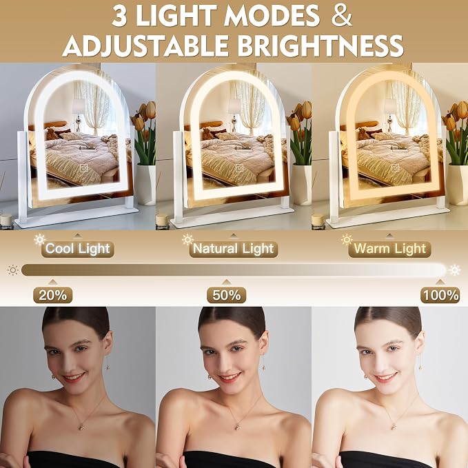 ROLOVE Lighted Makeup Mirror with 3-Color Dimmable Lighting, with Removable 10x Magnifier, Smart Touch Control, 360° Rotation, 15" x 13" Hollywood Vanity Mirror for Tabletop or Desk (White)