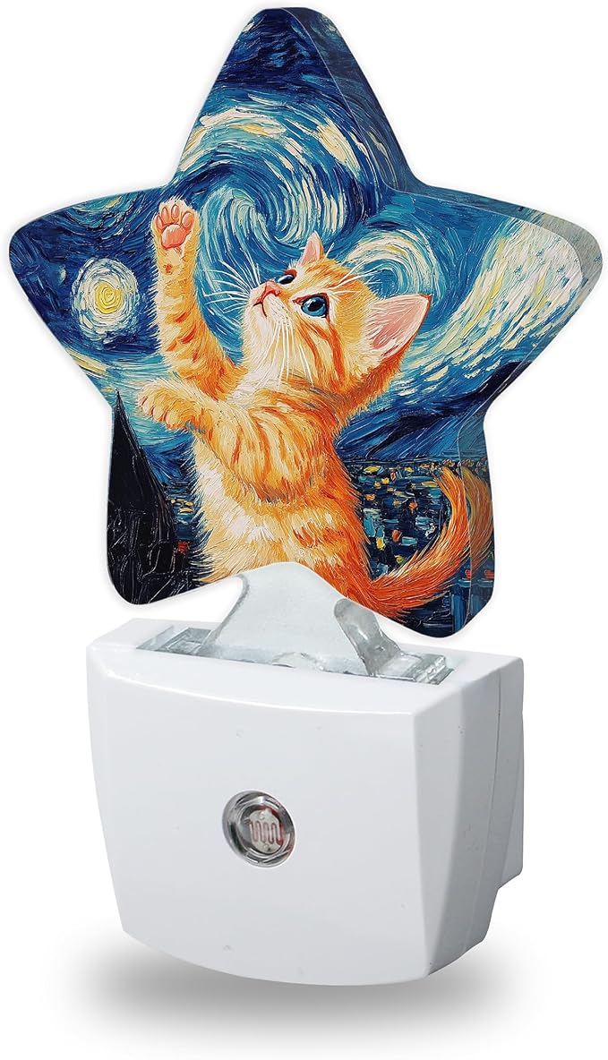 Cute Cat Night Lights Plug Into Wall,Blue Starry Sky Dusk to Dawn Light Sensor Night Light for Kids, Energy Efficient Sleep Friendly Lamp for Bedroom Bathroom Nursery