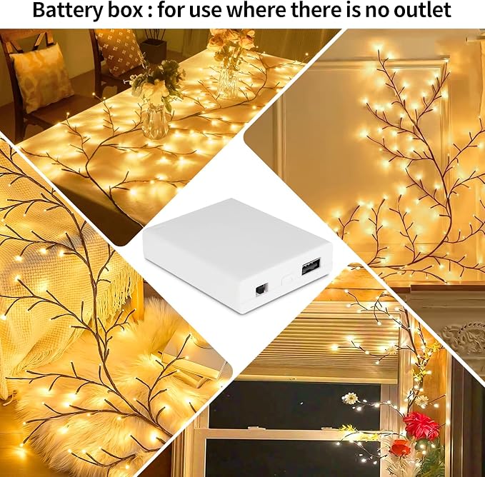 7.55FT 144LED 2PCS Brown USB Tree Branch Lights for Wall with Battery Box | Enchanted Tree Branch Lights for Wall, Bedroom Wedding, Christmas with Remote Timer, 8 Light Model, USB Battery Box