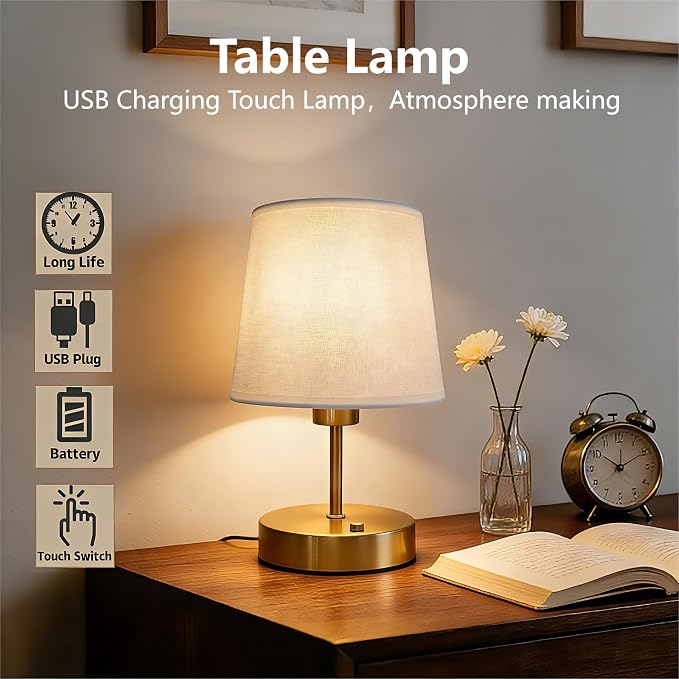 Gold Portable Cordless Table Lamp, Rechargeable Bedside Lamp, Mini | 3000mAh battery, touch stepless dimming, 2700K warm light, fabric shade and USB-C charging for bedroom, nightstand and desk.