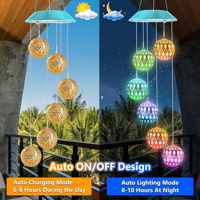 Toodour Solar Wind Chime, Color Changing Moroccan Ball Wind Chimes | LED Decorative Mobile, Gifts for Mom, Waterproof Outdoor Decorative Lights for Garden Patio Party Yard Window Outdoor Decor