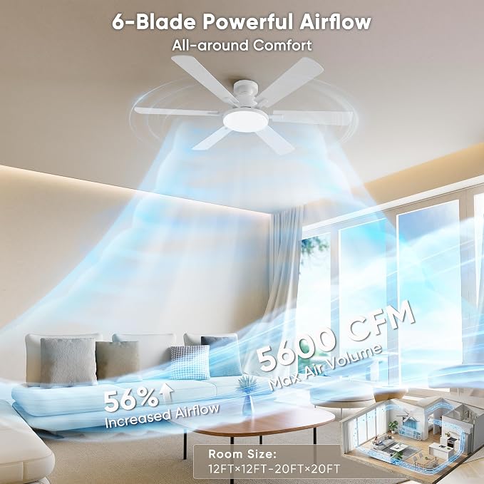 52'' Flush Mount Ceiling Fans with Lights for Living Room, White | 6 Blades, 6 Speeds, MAX 5600 CFM, Remote&APP Control, 3CCT Dimmable LED, All Metal Body, Memory Function, Reversible DC Motor