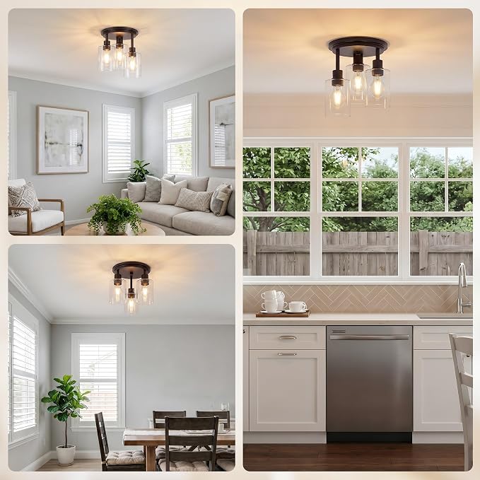 Semi Flush Mount Ceiling Light, 3-Light Close to Ceiling Light Fixtures, Vintage Oil-Rubbed Bronze Finish Kitchen Light Fixture with Clear Seeded Glass Shade Patriot Lighting for Entryway, 8.8"X11"