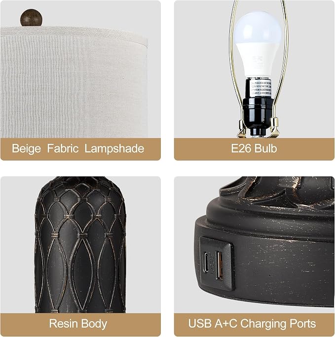 Black Farmhouse Lamps for Living Room Set of 2, 28" Bedroom Lamps Set of 2 with USB Ports, Dimmable Bedside Lamps Nightstand Lamps