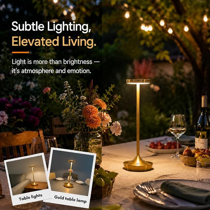 Gold Cordless LED Table Lamps Rechargeable 6000mAh, 72H Runtime, Waterproof | Stepless Touch Dimming with 3 Color Modes & Memory Function, Portable IP54 Waterproof for Home/Dinner/Patio/Restaurant (Gold)