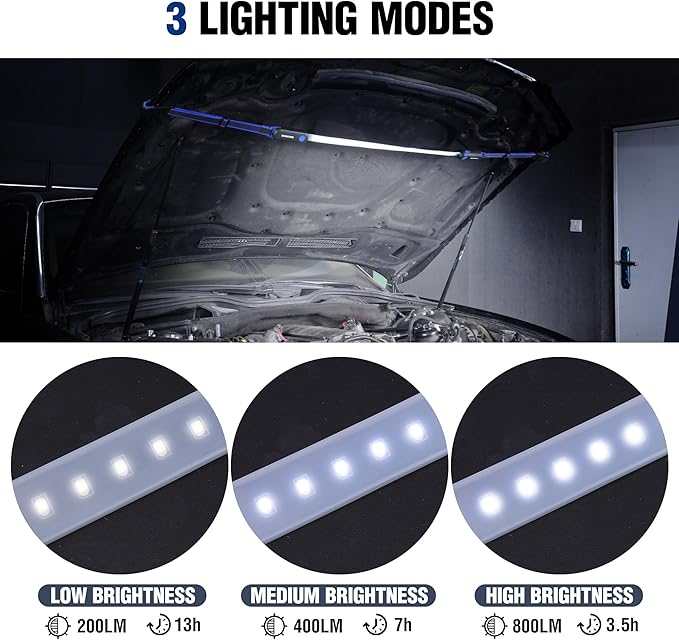 WORKPRO Rechargeable Underhood Work Light, 25inch Long Foldable LED Work Light Bar, 3 Lighting Modes with Adjustable Straps and Hooks, Magnetic Light for Car Repairing/Garage/Workshop/Emergency