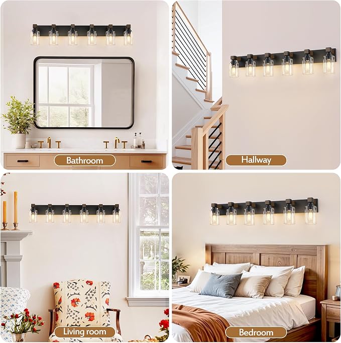 Farmhouse 6-Light Bathroom Vanity Light Fixtures, Black and Wood | 43.3″ Rustic Matte Black Metal Frame, Clear Glass Shades, Vintage Wall Sconces Lighting Over Mirror, for Bathroom Restroom