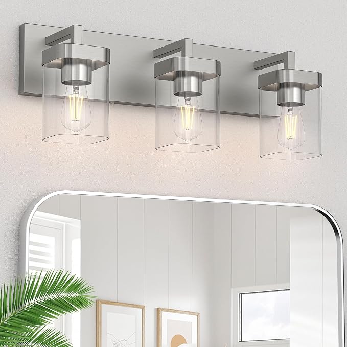 3-Light Bathroom Light Fixtures, Brushed Nickel Vanity Lights for Bathroom, Kitchen, Living Room, Modern Bathroom Vanity Lights with Clear Glass Shades