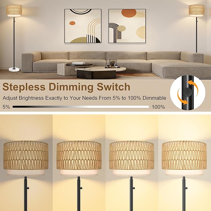 Rattan Floor Lamp,Floor Lamp for Bedroom,Modern Standing Lamp with Marble Base,Dimmable Standing Lamp for Bedroom, Reading,Office & Kids' Room,LED Bulb Included