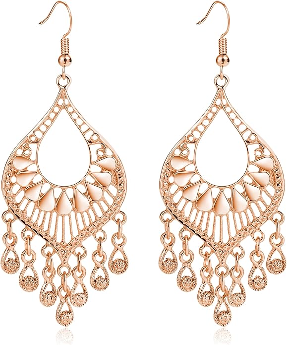 Silver 14K Gold & Rose Gold Plated Boho Chandelier Earrings – Intricate Bohemian Earrings with Filigree and Tassel Earrings for Women Trendy