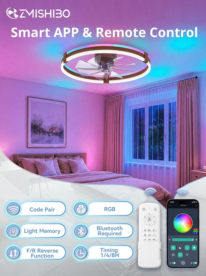 ZMISHIBO 23" RGB Low Profile Ceiling Fans with Lights and Remote, Walnut | Custom RGB+3CCT Dimmable, 6 Speeds, Remote/App Control, Reversible DC Motor, Memory, Timer, Modern Fandelier for Kids/Bedroom