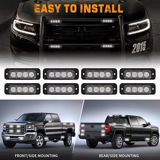 8PCS Sync Grill Emergency Lights 32 LED White Strobe Lights | Grille Surface Mount Warning Safety Hazard Caution Light for Tow Plow Trucks Construction Vehicles, Car, ATV, UTV, Motorcycle