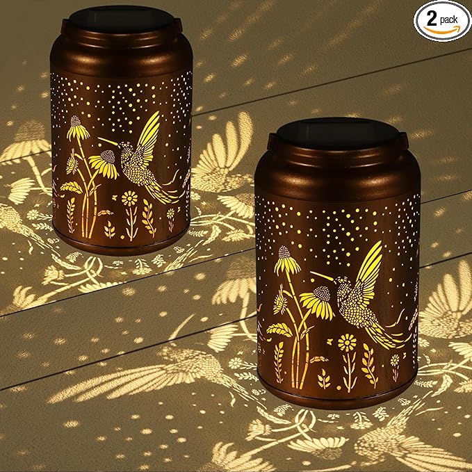 2 Pack Solar Lanterns Outdoor Waterproof, Hummingbird Garden Decor Gifts for Women Mom Grandma Hanging Solar Lights Metal Decoration Outside for Yard, Patio(Dandelions)
