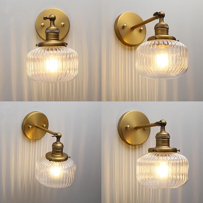 Phansthy Vintage Hardwired Sconces Wall Lighting, Bathroom Vanity Light Fixtures Antique Brass, Modern Wall Light with Clear Striped Glass Shade for Bedroom Fireplace Hallway (Antique Gold, One-Light)