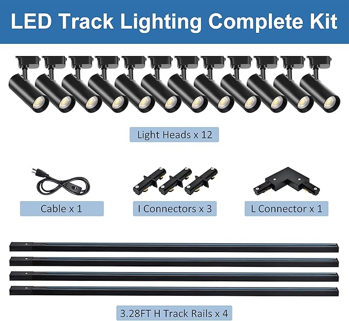 H Type LED Track Lighting Kit, Track Lighting 12 Heads Warm Light 3000K 25W 2700lm High Brightness Dimmable Track Lighting System with 13ft Track Rail, Adjustable Angle Light Heads