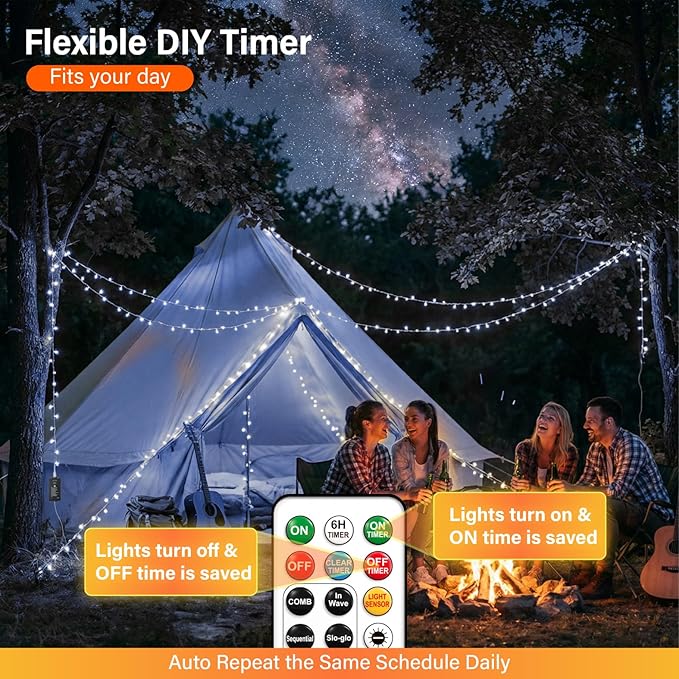 ZSJWL Rechargeable Fairy Lights with Remote，66ft 200 LED Outdoor Battery String Lights with DIY Timer & Light Sensor, Waterproof Dimmable Twinkle Light for Tree Christmas Indoor, White