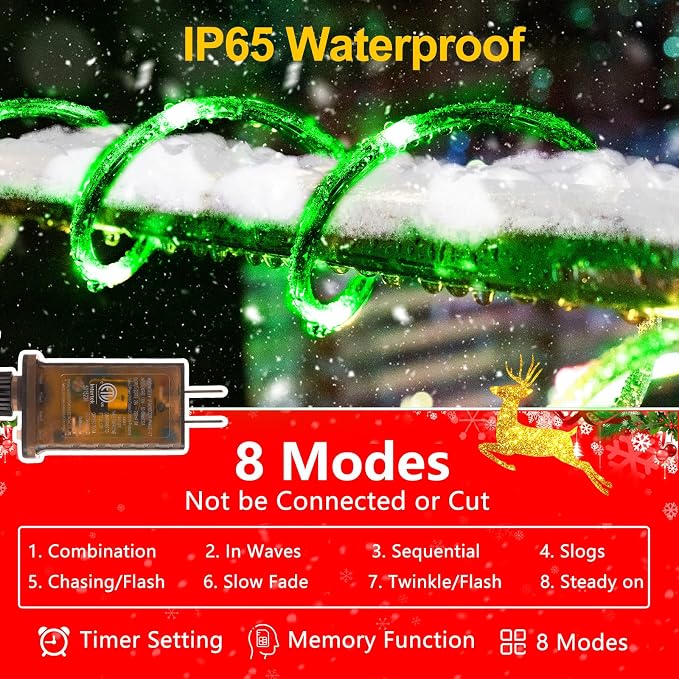 KNONEW 164FT 1000LED Rope Lights for Outside,Outdoor String Lights Waterproof 8 Modes Clear Tube Light for Indoor,Bedroom,Wedding,Garden,Patio,Christmas,Tree,Rv,Holiday Decoration(Green)