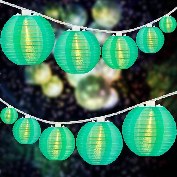 HOSY 10 Count Lantern with 11' White Wire String Lights, 12" Spacing Plug-in Lantern String Lights (Turquoise)