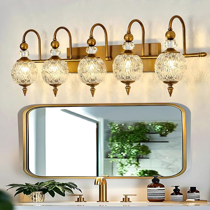 Piepooye Vintage Bathroom Lights Fixtures Gold Vanity Light with Glass Globe LampShade 5 Light Brushed Brass G9 Bulb Wall Sconce Antique Indoor Vanity Light Over Mirror for Kitchen Bedroom Living Room