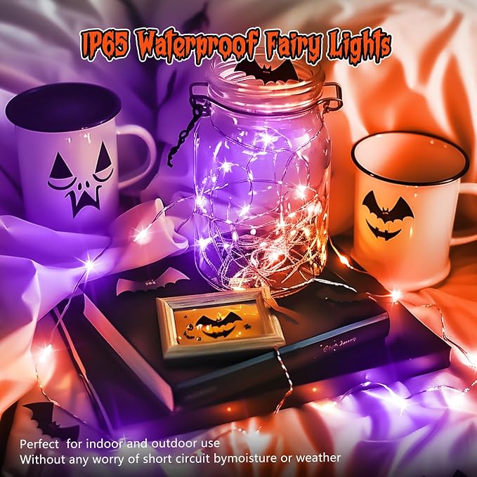 Minetom 6 Pack Purple Orange Fairy Lights for Halloween Decor | 7ft 20 LED Micro Firefly Lights for Halloween Decor, Pumpkin DIY Craft, Paper Lantern Decoration