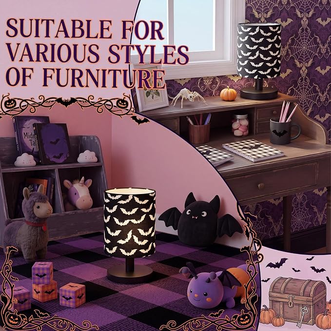 Halloween Bat Kids Table Lamp for Bedroom Kids Bedside Lamp with Linen Wooden Nightstand Cartoon Nursery Lampshade for Girls Boys Living Room