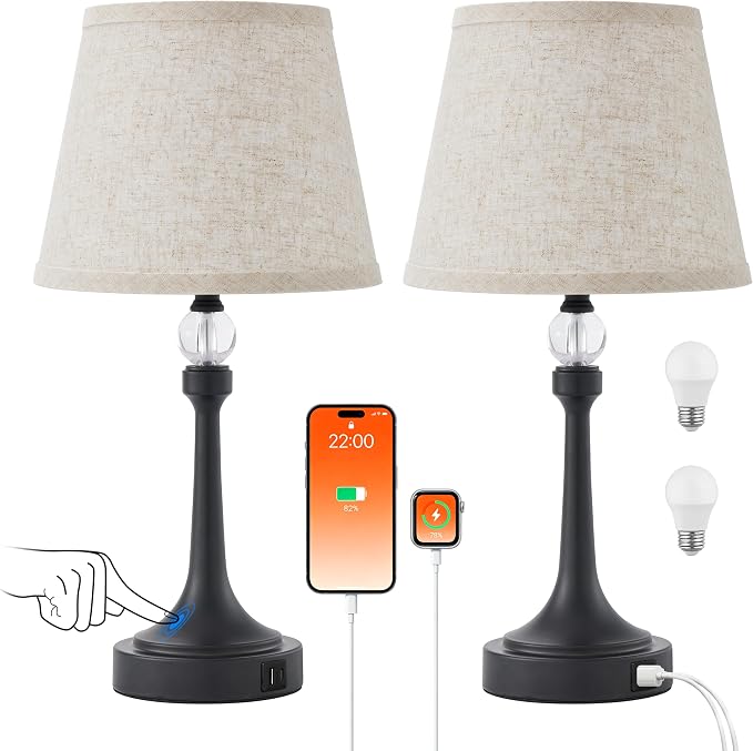 Touch Table Lamp Set of 2 with USB C+A Ports-Black 19.7'' | 3 Way Dimmable Table Lamps for Living Room, Metal Small Lamp for Bedroom, Office, End Table, Home Decor, Bulbs Included