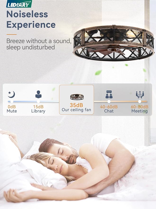 LEDIARY 23" Caged Farmhouse Ceiling Fan with Light, Flush Mount, Black Gold | Remote&APP Control, Large Low Profile, Rustic Fandaliers, Industrial Bladeless Enclosed, Powerful Motor for Bedroom, Kitchen
