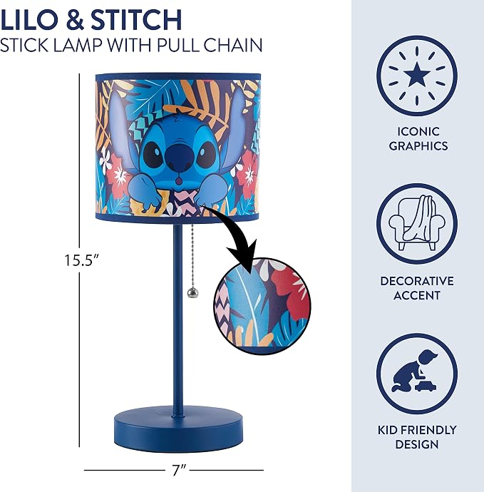 Lilo & Stitch Stick Table Kids Lamp with Pull Chain, Themed Printed Decorative Shade