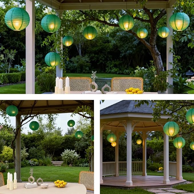 Chinese Paper Lanterns - Pack of 10, 10-Inch Pine Green Hanging Lights for Birthday Party Decorations, Ceiling Decor, Rainbow Classroom, Wedding, and Home Party