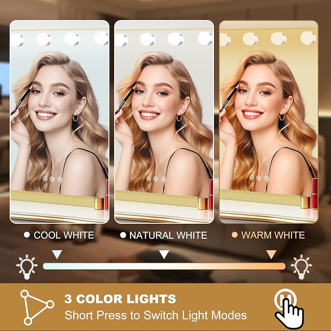 Moonee Vanity Mirror with Lights, Gold Hollywood Lighted Makeup Mirror with 17 Dimmable Bulbs and 10X Magnification, 3 Colors Modes, Aluminum Metal Frame, Light Up Mirror for Tabletop/Wall（26" x 20"）