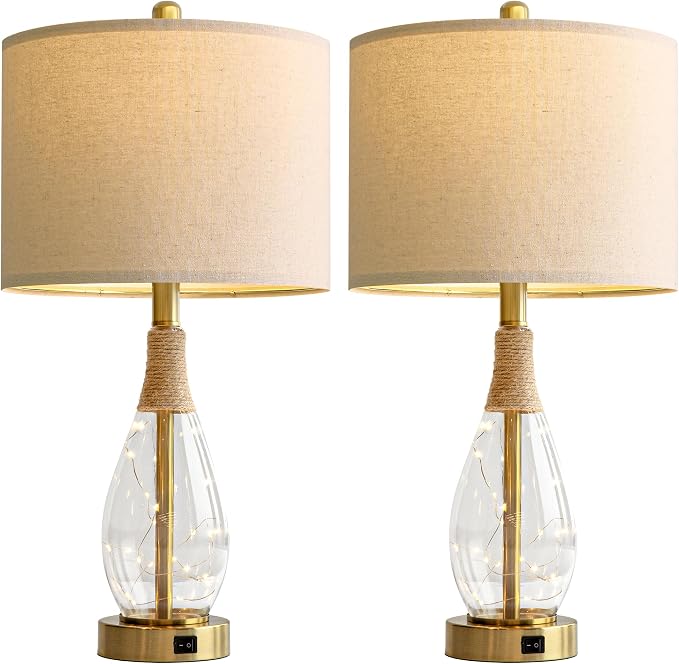 23" Table Lamps for Living Room Set of 2 Bedside Lamps for Night Stands Bedroom Lamps Farmhouse Rattan Boho Lamp Glass Nightlight End Table Lamp with USB C+A (Gold),Two Light Points