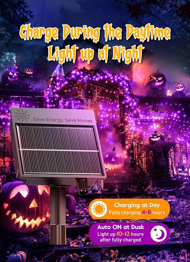 240 LED Solar Halloween Lights Outdoor Waterproof IP65, 20FT 8 Light Modes | Halloween Solar Lights Outdoor Solar Halloween String Lights Outdoor Twinkle Fairy Light Garland Decorations, Purple