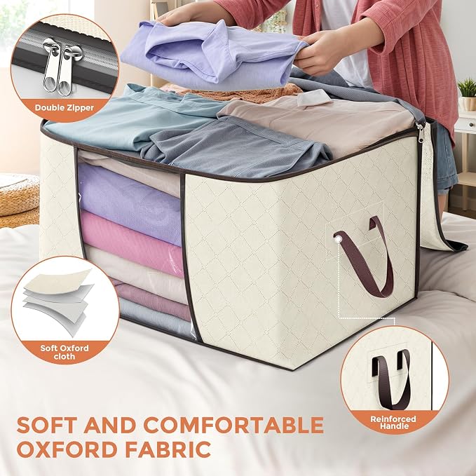 90L Large Storage Bags, 10 Pack Clothes Storage Bins Closet Organizers | Foldable Storage Containers, with Reinforced Handle, for Clothing, Blanket, Comforters, Bed Sheets, Pillows and Toys