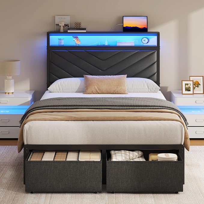 Fluest Twin Bed Frame with Storage Drawers, Upholstered Headboard with Charging Station, LED Lights, Fabric Drawers with Wheels, Under Bed Storage, No Box Spring Needed, Easy Assembly, Black