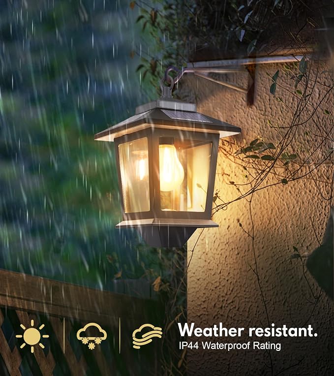 PASAMIC 2 Pack Solar Wall Lanterns,Outdoor Hanging Lights with 4 Solar Panels,Dusk to Dawn Led Outdoor Wall Sconce, Anti-Rust Waterproof Lanterns with Hooks,3000K Warm White