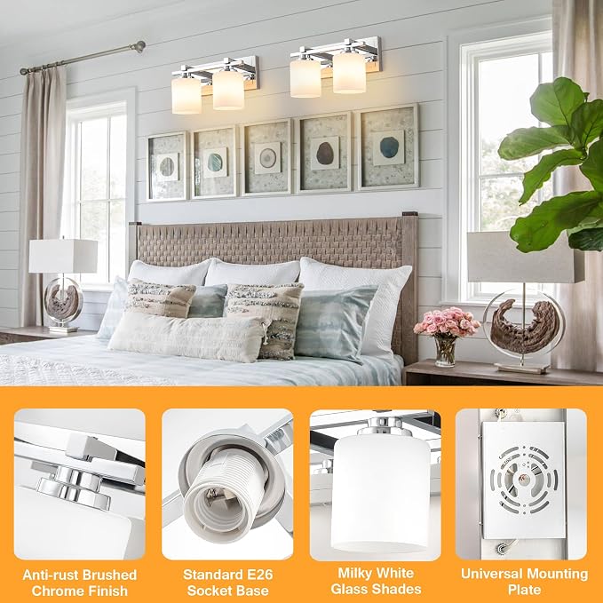 Modern Bathroom Light Fixtures Over Mirror, Vanity Lights for Bathroom Wall Sconces with Milky White Glass Shades, E26 Socket (Bulbs Not Included), 2 Light, Chrome