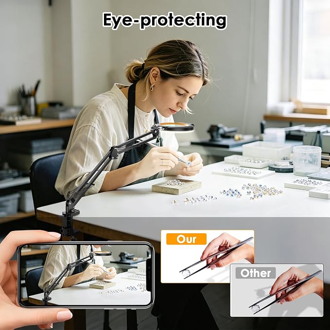 12X Magnifying Glass with Light and Stand Hands Free, Long Swing Arm Desk Magnifying Light with Clamp for Close Work, Dimmable Lighted Magnifier Lamp for Soldering Craft Jewelry Bench Sewing