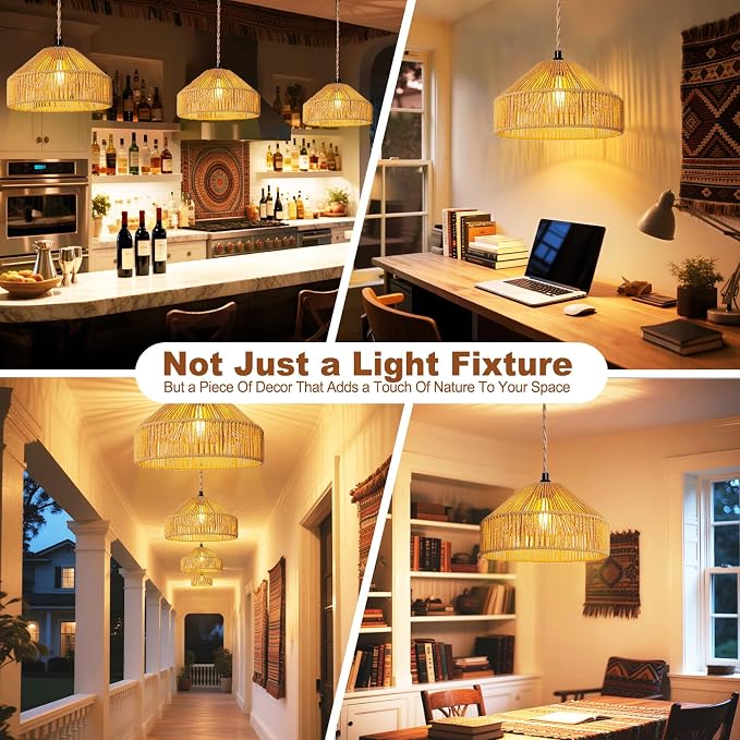 Maliralt Hanging Lamps Rattan Pendant Light Hanging Lights 16.4ft Plug in Cord Pendant Light Fixture Plug Into Wall Outlet Pendant Lighting with On Off Switch for Bedroom Living (Mongolian Yurt)