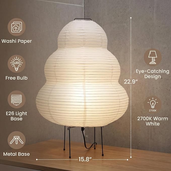 Akari Noguchi Rice Paper Lamp • Japanese Paper Lantern Lamp • Japanese Japandi Floor/Table Lamp for Soft Ambient Lighting (Akari)