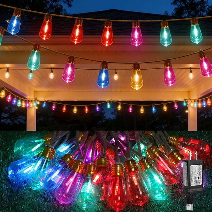 (New) Outdoor String Lights, 8 Modes Colorful LED Patio Lights, 24FT Waterproof Shatterproof Fairy Lights, Hemp Rope Hanging Lights for Garden, Yard, Party, Christmas Decor
