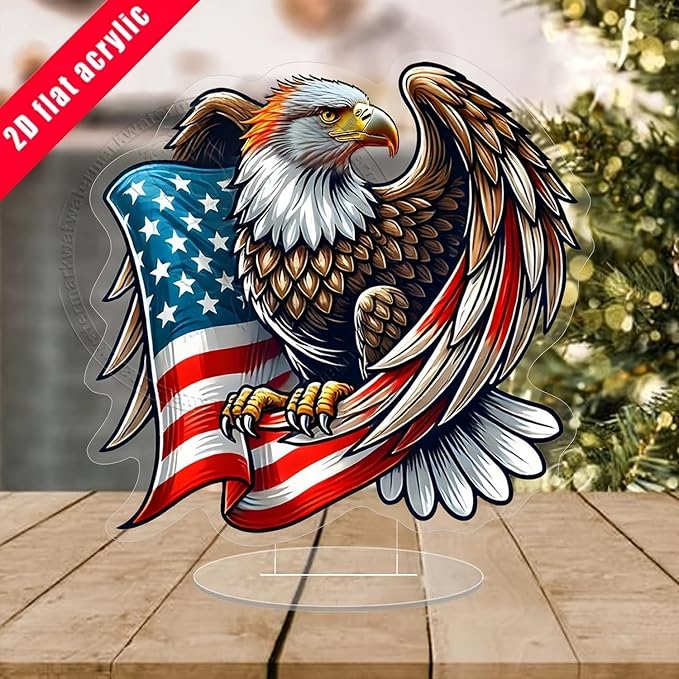 4th of July Desktop Decorative Acrylic USA Flag Eagle Ornaments Decoration 2D Flat Statue Desk Ornament Independence Day Ornaments for Home Desk Dining Table Bookshelf Decorations