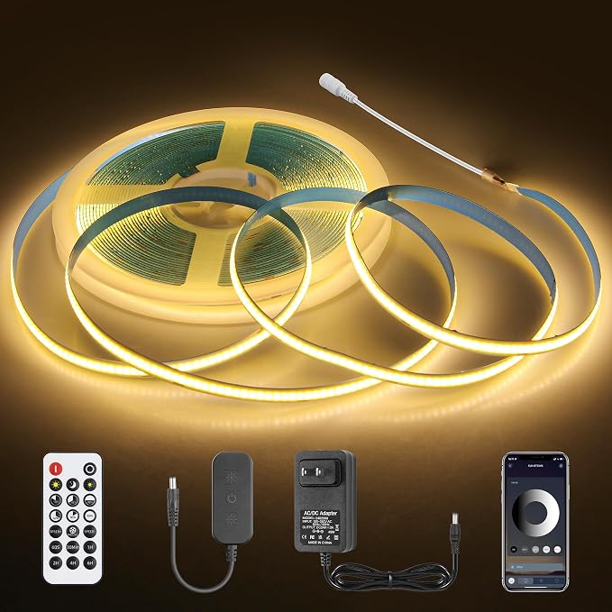 Aclorol 32.8FT COB LED Strip Light Warm White 3000K 24V Dimmable Brightness | Flexible Rope Light with Power Supply and App Timer, Dotless LED Lights for Bedroom Living Room Furniture Lighting, 8mm Width